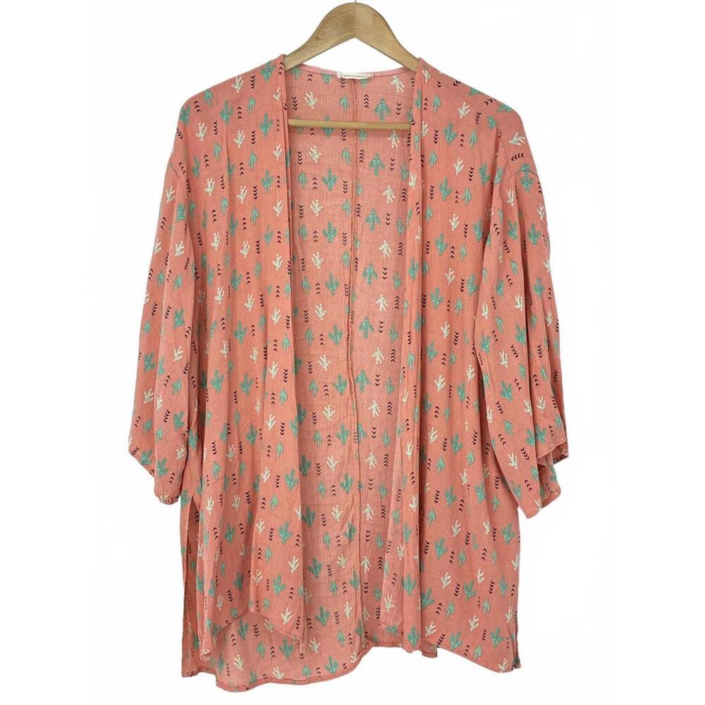 Crescent Coral Pink Southwest Cactus Print Open Front Kimono Cardigan Sz Large